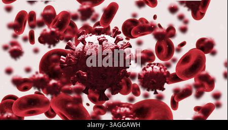 Image of 3D red macro coronavirus and red blood cells spinning on white background Stock Photo