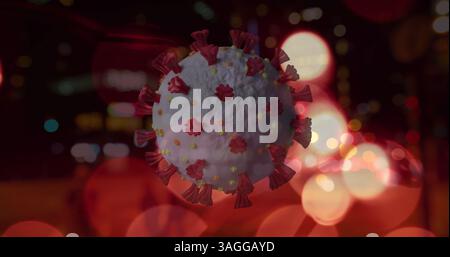Image of Covid 19 cell spinning over out of focus traffic and city lights Stock Photo