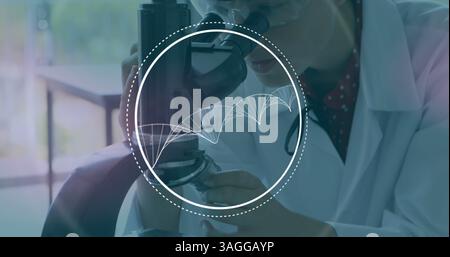 Image of 3d DNA strand spinning with scope and female scientist using microscope in laboratory Stock Photo
