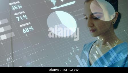Statistical data processing against female health worker using smartphone on white background Stock Photo