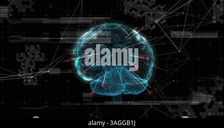 Image of 3d blue glowing human brain with network of connections and data processing on black backgr Stock Photo