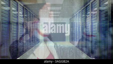 Binary code and data processing image over server room with racks Stock Photo