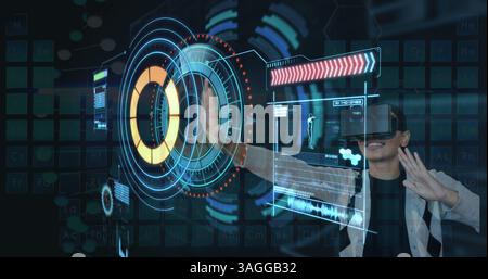 Using virtual reality headset, person interacting with futuristic digital interface Stock Photo