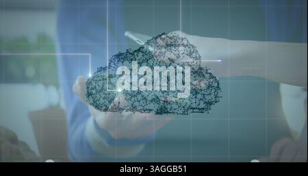 Cloud icon of network of connections against person using smartphone to make payment Stock Photo