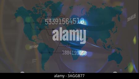 Multiple changing numbers over spots of light against world map Stock Photo