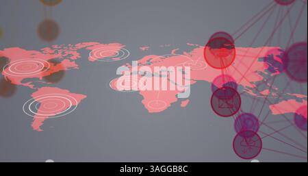 Globe of digital icons spinning against pulsating circles on world map against grey background Stock Photo