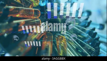 Image of statistics recording and data processing over scientific laboratory Stock Photo