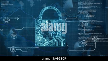 Image of online security padlock with network of icons and data processing Stock Photo