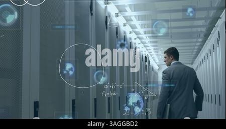 Mathematical equations and round scanners against man walking in computer server room Stock Photo