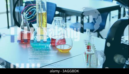 Image of globe and scientific data processing over laboratory Stock Photo