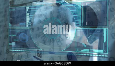Image of covid 19 cell, medical data processing and scope scanning over scientist in laboratory Stock Photo