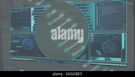 Image of dna strand spinning and medical data processing on digital screens over binary coding Stock Photo