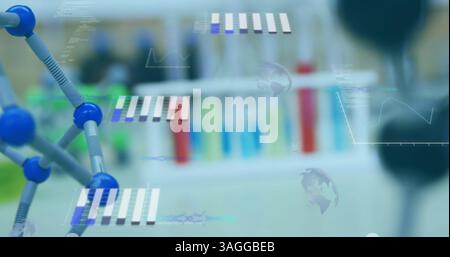 Image of statistics recording and data processing over scientific laboratory Stock Photo