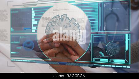 Image of covid 19 cell and scope scanning on digital screen over doctor and patient Stock Photo
