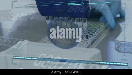 Image of red blood cell and numbers recording over laboratory Stock Photo