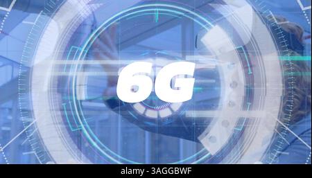 Image of 6g text, scope scanning over woman wearing vr headset and moving hand Stock Photo