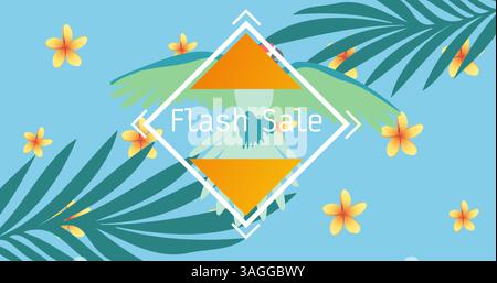 Image of flash sale text in white in white frame over exotic bird and plants on blue Stock Photo
