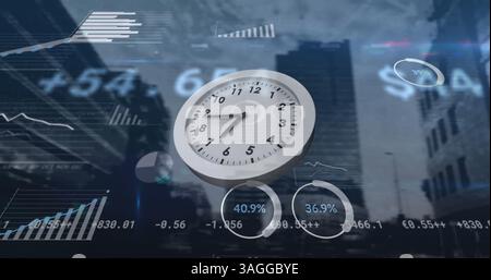 Image of clock moving fast and data processing over cityscape Stock Photo