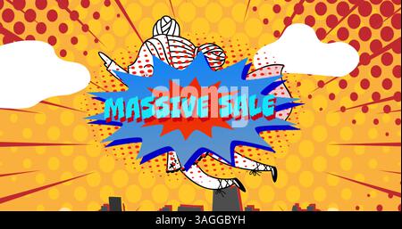 Image of retro massive sale text on blue speech bubble and superhero over red dots on yellow Stock Photo