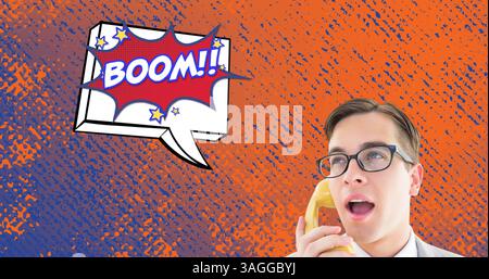 Image of smiling man holding retro phone, boom text on speech bubble on distressed background Stock Photo