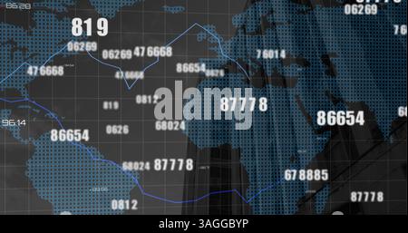 Image of numbers changing and data processing over world map and cityscape Stock Photo