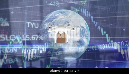 Image of drone carrying cardboard box and data processing over empty office Stock Photo