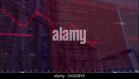 Image of red line recording and data processing on screens over modern buildings Stock Photo