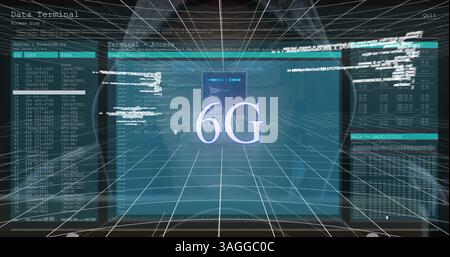 6g text over screen with data processing against male hacker using computer Stock Photo