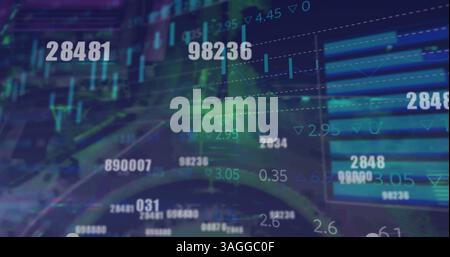 Image of numbers changing and data processing over cityscape Stock Photo