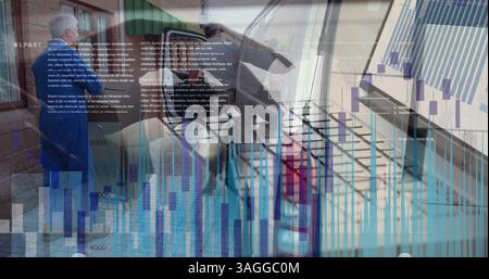 Financial data processing over person using laptop against delivery man delivering package Stock Photo