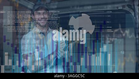 Financial data processing against portrait of delivery man writing on clipboard Stock Photo