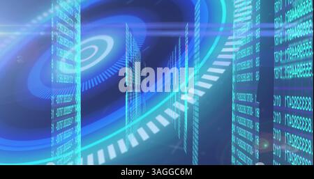 Image of scope scanning over numbers processing on blue background Stock Photo