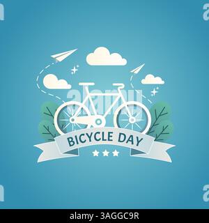 Playful Bicycle Day: Flat Design & Paper Plane Ride Stock Vector