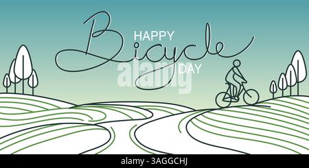 Minimalist Bicycle Day: Line Art Ride & Scenic Landscape Stock Vector
