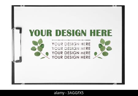 Clipboard with sheet of paper on white background. Mockup Your Design Here Stock Photo
