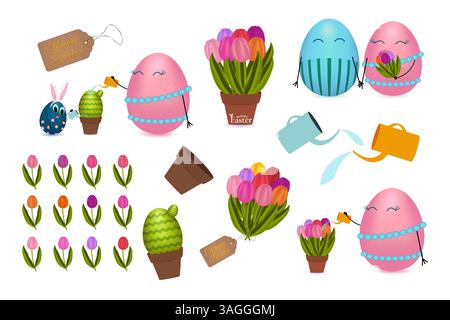 3D clip art collection of adorable anthropomorphic Easter eggs characters and couple egg, potted cactus and tulips, bouquet of flowers, watering cans. Stock Vector