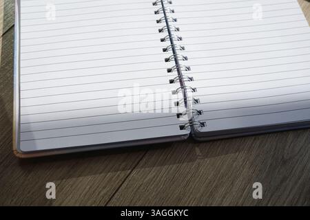 empty blank pages sheets opened notebook on wooden background office work study write diary school Stock Photo