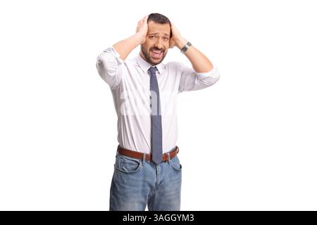 Businessman suffering from headache isolated on white background Stock Photo
