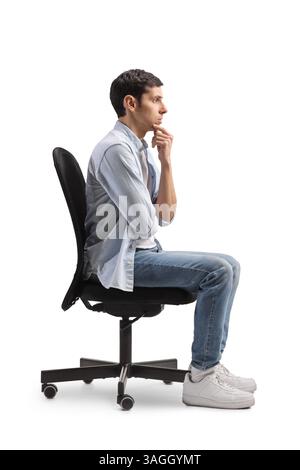 Man sitting in an office chair and thinking isolated on white background Stock Photo