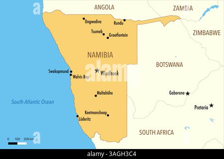 Namibia Political Map with capital Windhoek, national borders and most ...