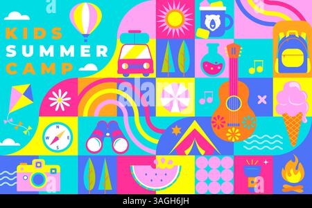Kids Summer camp bright geometric horizontal card. Stock Vector