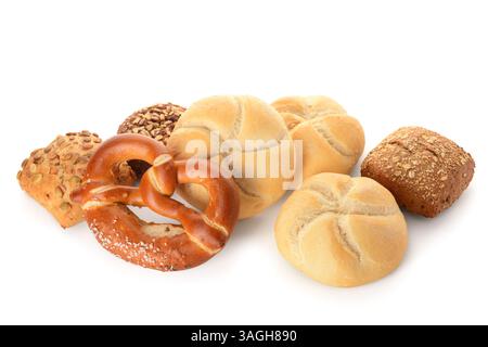Different delicious buns and pretzel on white background Stock Photo