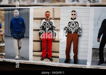 Lviv, Ukraine - April 07, 2025: Collage of fashionable individuals displayed on a city wall highlighting diverse styles. Slavik's Fashion Stock Photo
