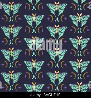 Seamless pattern with teal luna moth and moons on dark blue background. Stars and crescents boho wallpaper. Nocturnal butterfly background. Stock Vector