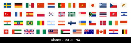 Flag of world set, international flags collection of Europe and Africa, America and Asia. Thailand and Hong Kong, Sweden and Germany, Mexico and Japan, South Korea cartoon vector illustration Stock Vector