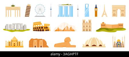 A global set of world-famous landmarks including historical monuments, religious sites, modern towers, and ancient wonders. Captures iconic architecture across continents, vector illustration. Stock Vector