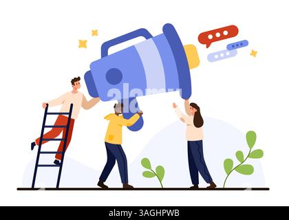 Diverse group of individuals showcasing their collaborative spirit, highlighting teamwork and communication with a megaphone to achieve shared goals vector illustration Stock Vector