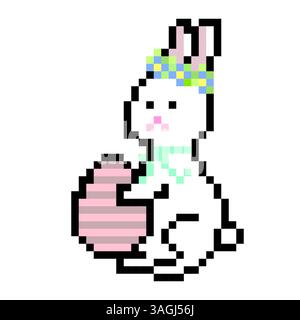 Pixel bunny icon. Easter rabbit character. Cute retro game art. Pastel holiday theme. Stock Vector