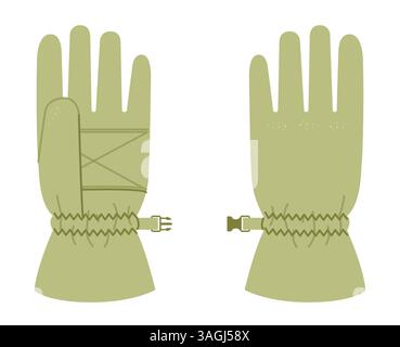 Ski Gloves Igloos Insulated Core olive green cartoon Fashion hand accessory clothing technical illustration garment. Vector front palm back view for Men, women, unisex style flat on white background Stock Vector