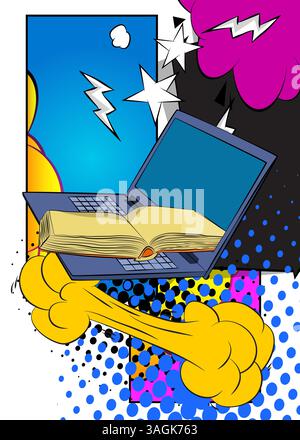 Cartoon Laptop, comic book Notebook with Book. Retro vector comics pop art design. Stock Vector